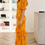 Paisley Print Belted Maxi Dress with Tiered Ruffle Hem and Flutter Sleeves
