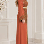 Embroidered Moroccan Kaftan Maxi Dress with Ornate Waist Belt