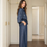 Polka Dot Button-Down Shirt and Wide-Leg Pants Two-Piece Set
