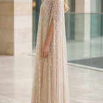 Sequined Beaded High-Neck Cape Evening Gown
