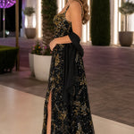 Sequined Botanical Embroidered Sleeveless Evening Gown with High Slit