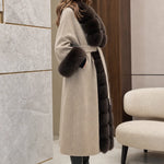 Women's Elegant Faux Fur Trim Belted Long Wool-Blend Overcoat