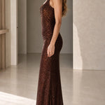 Halter Neck Beaded Shimmer Maxi Evening Gown with Ruched Waist