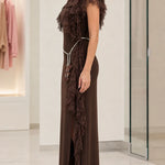 Elegant Lace Ruffle Accent Maxi Dress with Tassel Belt