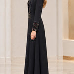 Velvet Trim Beaded Bodice Long Sleeve Maxi Dress