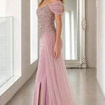 Off-the-Shoulder Beaded Corset Evening Gown with Tulle Drape