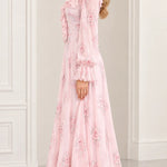 Floral Print Ruffled High-Neck Maxi Dress with Long Sleeves and Pearl Trim
