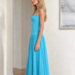 Women's Ruched Bust Drop Waist Maxi Dress Sleeveless Flowy Evening Gown