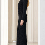 Elegant Beaded Floral Lace Long Sleeve Column Evening Maxi Dress
