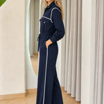 Women's Contrast Piping Zip-Front Wide-Leg Jumpsuit with Drawstring Waist