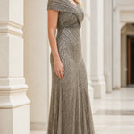 Elegant V-Neck Beaded Evening Gown Formal Maxi Dress