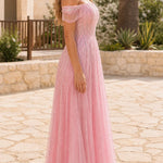Off-Shoulder Sequin Fringe A-Line Evening Gown