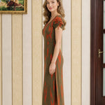 Beaded V-Neck Ikat Print Midi Dress with Ruched Sleeves