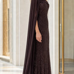 Sequin Mermaid Evening Gown with Draped Chiffon Cape