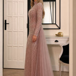 High Neck Beaded Long Sleeve Evening Gown with Tulle Overskirt