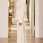 Floral Appliqué Peplum Blazer and Wide-Leg Pantsuit Set