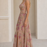 Floral Embroidered Sequin A-Line Evening Maxi Dress with Slit
