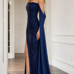 Strapless Sequin Floor-Length Evening Gown with Draped Cape Sleeves and Slit