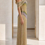Off-Shoulder Beaded Fringe Long Evening Gown
