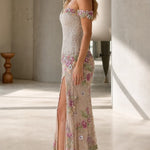 Off-the-Shoulder Sweetheart Sequin Floral Evening Gown with Slit