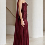 Strapless Ruched Metallic Pleated Maxi Dress with Scarf Cape Detail