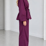 Women's Drawstring Peplum Zip Jacket and Wide-Leg Pants Two-Piece Set