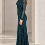 Long Sleeve Mock Neck Ruched Floral Lace Evening Gown