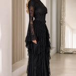 Gothic Lace Corset Maxi Dress with Dramatic Bell Sleeves and Tiered Ruffle Skirt