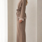 Lace Trim Wrap Blazer and Wide-Leg Pants Two-Piece Suit Set