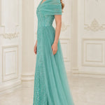 Off-the-Shoulder Sequin Evening Gown with Draped Bodice and Side Tulle Train