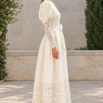 Floral Lace Puff Sleeve Belted Satin Maxi Dress