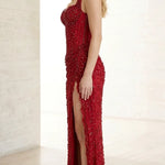 Beaded Corset Evening Gown with High Slit and Draped Waist