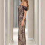 Off-the-Shoulder Floral Embroidered Beaded Maxi Evening Gown