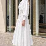 Embroidered Sheer Cutout Midi Shirt Dress with Lantern Sleeves