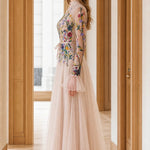 Floral Embroidered High-Neck Tulle Maxi Dress with Tiered Bell Sleeves