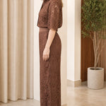 Women's Elegant Lace Button-Down Shirt and Wide-Leg Pants Set