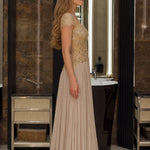 Cap Sleeve Beaded Bodice Pleated Chiffon Evening Gown