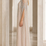 High Neck Beaded Cape Evening Gown Elegant Embellished Formal Maxi Dress