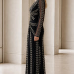 Elegant Beaded Long Sleeve V-Neck Evening Gown with Front Slit