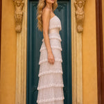 Elegance Tiered Beaded Strapless Maxi Dress