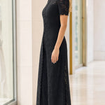 Elegant Floral Lace Overlay Wide-Leg Pantsuit with High Neck & Short Sleeves