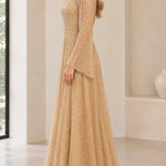 Sequined High-Neck Long Sleeve Evening Gown with Bell Sleeves