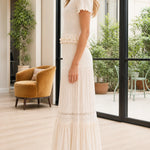 Women's Ribbed Short Sleeve Button Top and Tiered Maxi Skirt Set