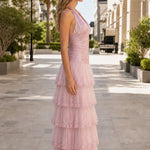 Halter Neck Ruched Bodice Tiered Sequin Tulle Maxi Evening Gown