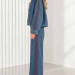 Women's Side Stripe Denim Jacket and Wide Leg Pants Two-Piece Set