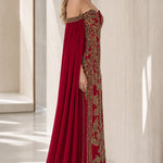 Off-the-Shoulder Embroidered Cape Evening Gown