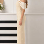 Elegant Pearl-Embellished Off-the-Shoulder Column Maxi Dress