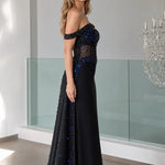 Stunning Off-The-Shoulder Beaded Evening Gown with Sheer Corset Bodice