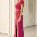 Two-Piece Beaded Evening Gown Set with Puff Sleeves and High Slit Skirt