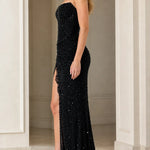 Strapless Beaded Corset Evening Gown with Lace-Trim High Slit